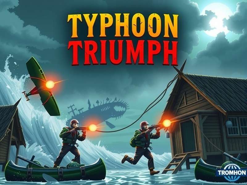 Typhoon Triumph Official Cover Typhoon Triumph Game Cover showing rescue operations during cyclone in Indian coastal village
